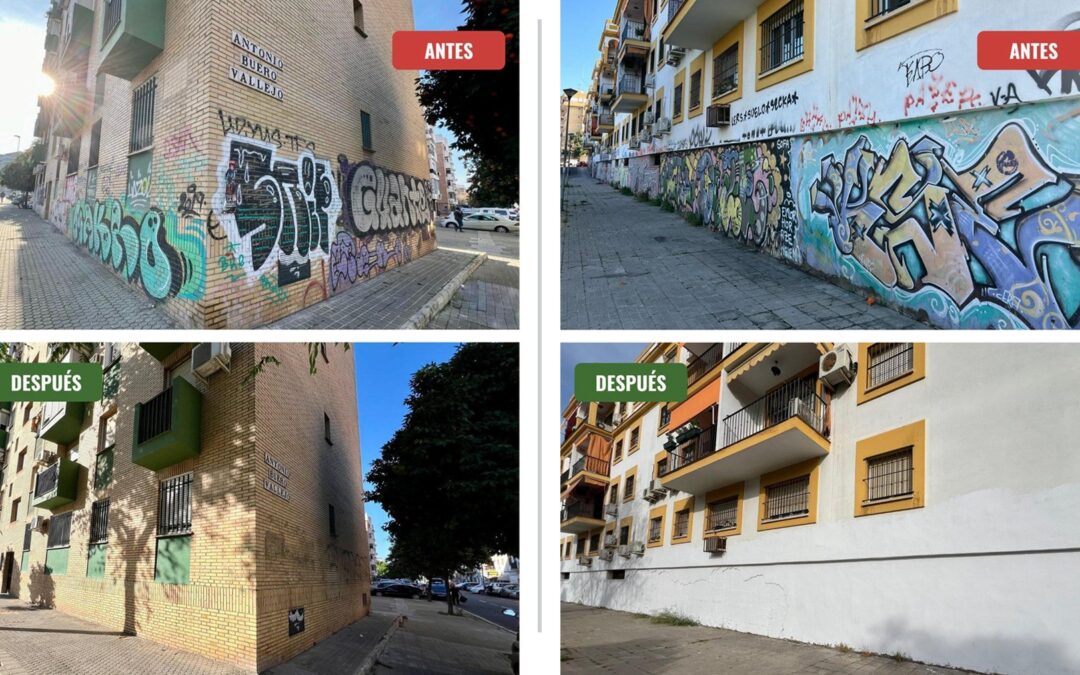 El Ayuntamiento de Sevilla se remanga y retira más de 3 kilómetros de grafitis en el distrito Macarena